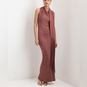 Mango Satin Knit Sleeveless Draped Dress with Fringe Scarf